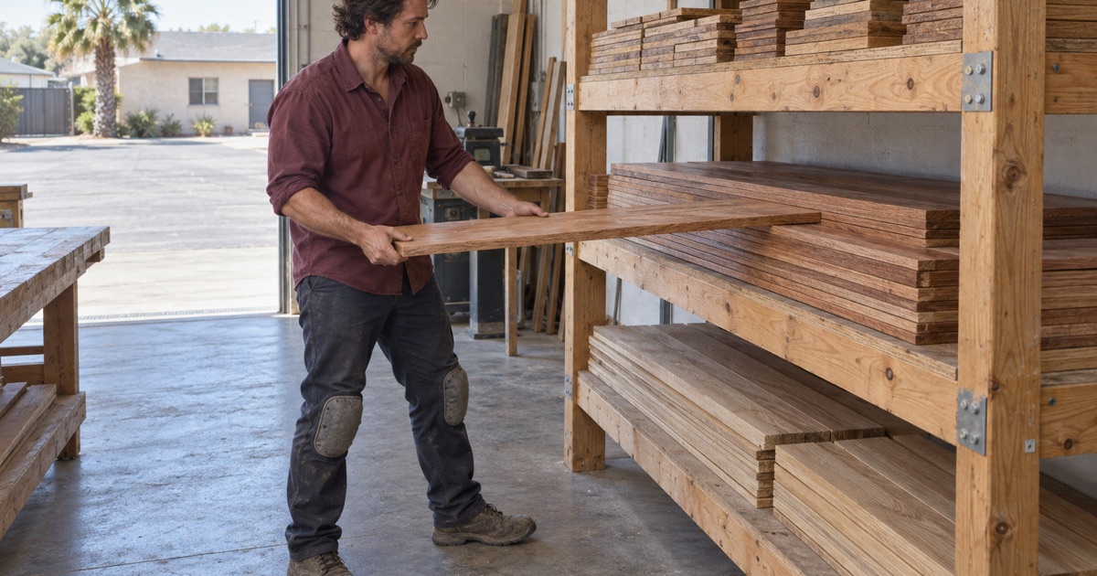 Worker sliding a salvaged red oak board onto a shop rack of reclaimed flooring sorted by width, kept for matching repairs in Monterey Park homes.