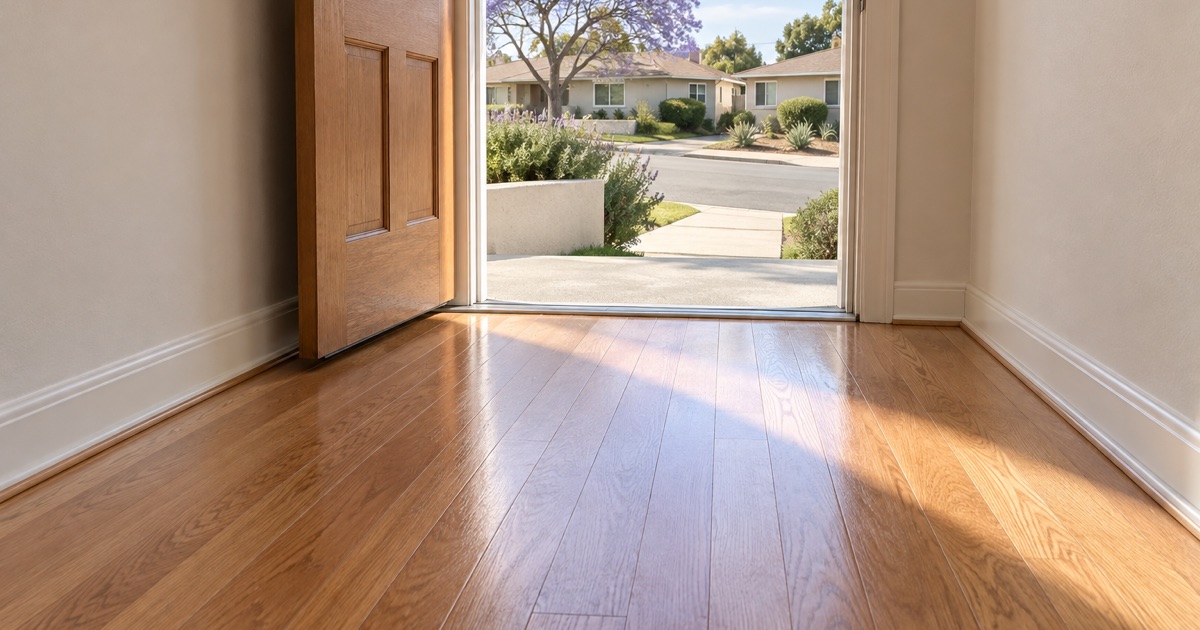 Finished red oak entry hall running to the open front door of a 1950s ranch house in Monterey Park, a concrete stoop and hillside street beyond.