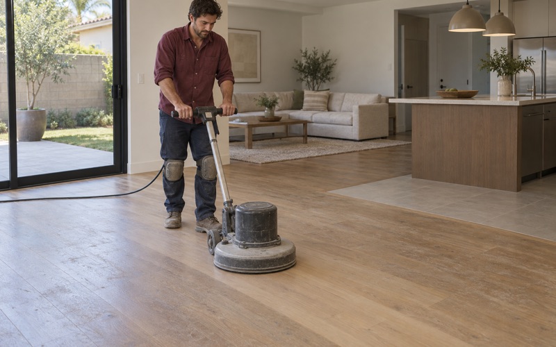Worker guiding a planetary floor sander lightly across wide engineered oak plank in an open-plan Monterey Park home, taking the thin wear layer down only a fraction.