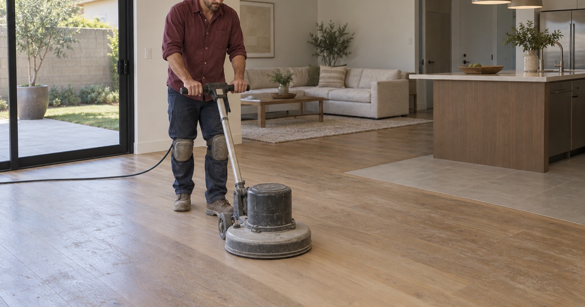 Worker guiding a planetary floor sander lightly across wide engineered oak plank in an open-plan Monterey Park home, taking the thin wear layer down only a fraction.