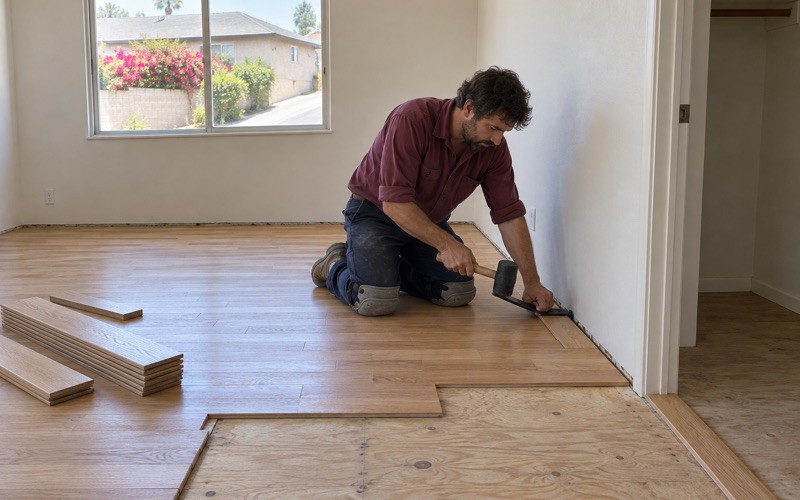 Worker closing the last joint of a new solid oak row against the wall with a pull bar and mallet in a Monterey Park house.