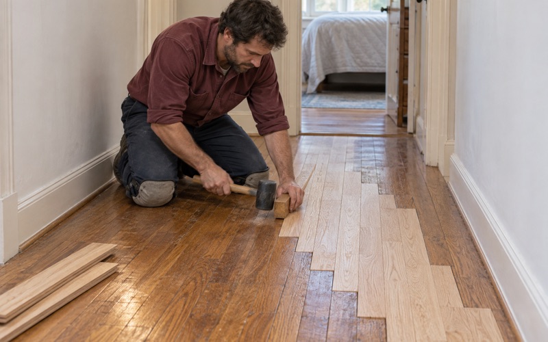 Worker tapping a replacement oak strip into a staggered repair in a Monterey Park hallway floor, woven into the old boards so no straight seam shows.