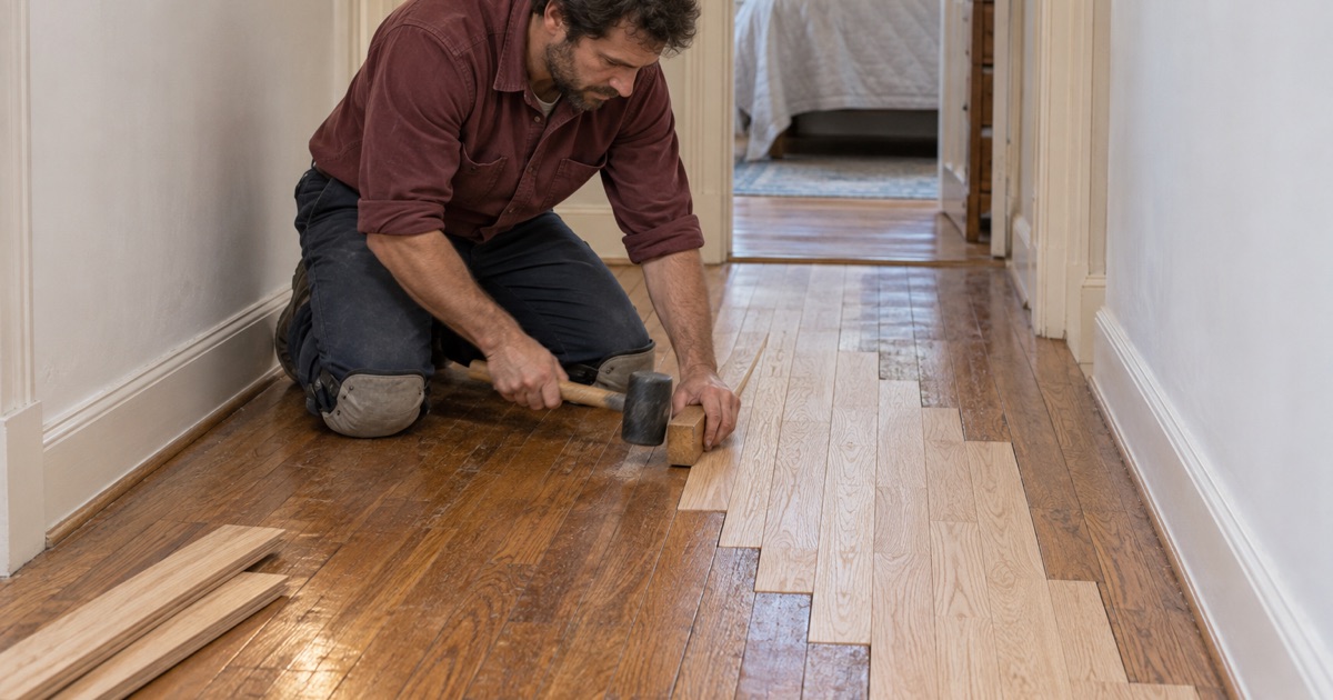 Worker tapping a replacement oak strip into a staggered repair in a Monterey Park hallway floor, woven into the old boards so no straight seam shows.