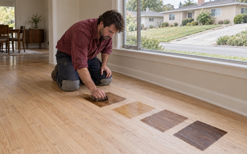 Worker wiping stain into sanded red oak beside three sample squares of different tones in a Monterey Park living room, judging color in the room's own light.