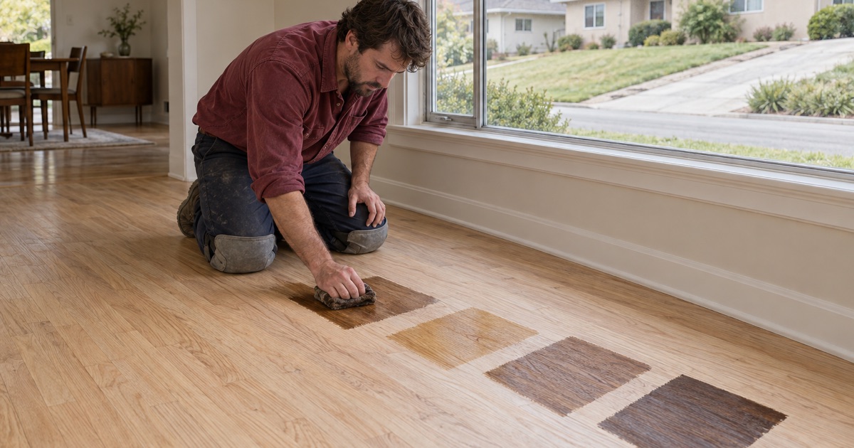 Worker wiping stain into sanded red oak beside three sample squares of different tones in a Monterey Park living room, judging color in the room’s own light.