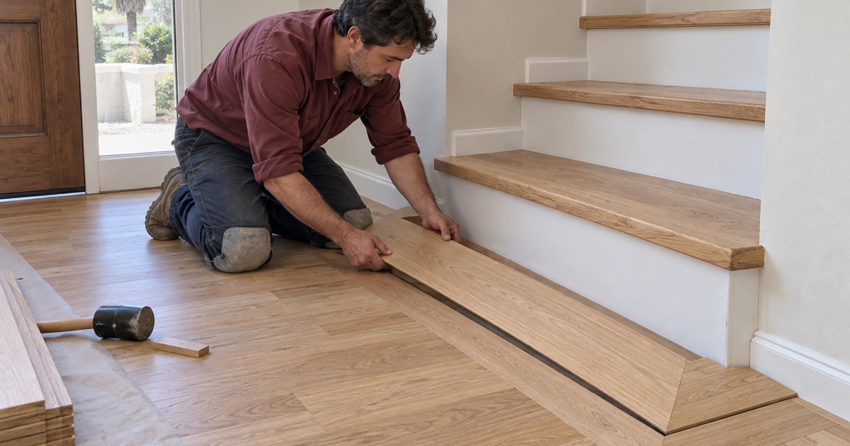 Worker fitting a mitered white oak border board around the landing at the foot of a stair in a Monterey Park house, framing a new strip floor.