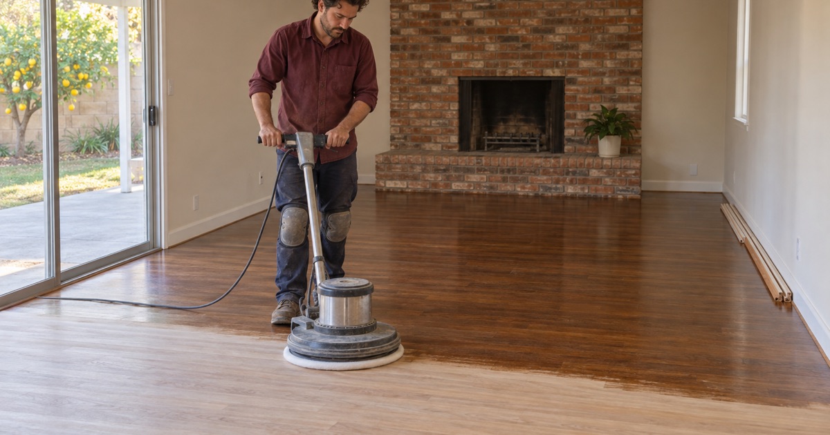 Worker buffing a fresh coat of brown stain into sanded red oak with a floor buffer in a Monterey Park living room, the stained half deep brown and the rest still bare.