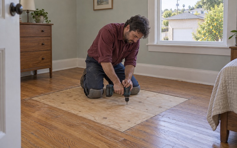 Worker driving screws through a new plywood subfloor patch into the joists beneath a Monterey Park bedroom floor after rotted subfloor was cut out.