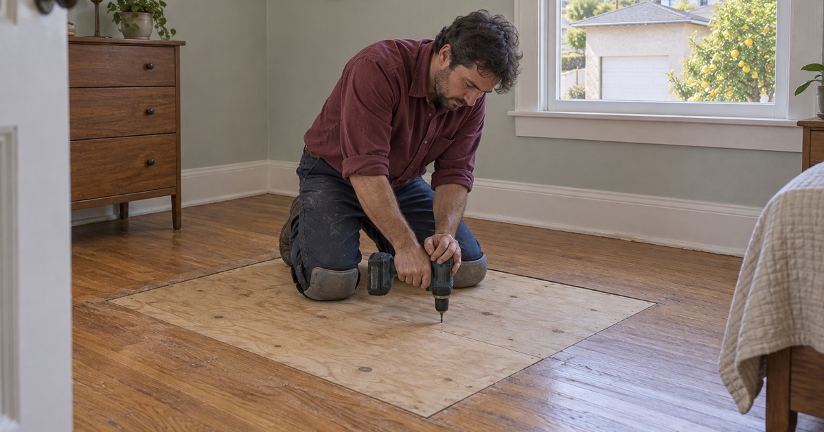 Worker driving screws through a new plywood subfloor patch into the joists beneath a Monterey Park bedroom floor after rotted subfloor was cut out.