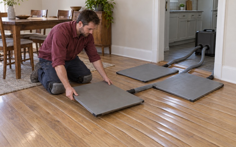 Worker lowering a floor drying panel onto cupped oak boards beside a kitchen doorway in a Monterey Park home, a hose running to a drying unit.