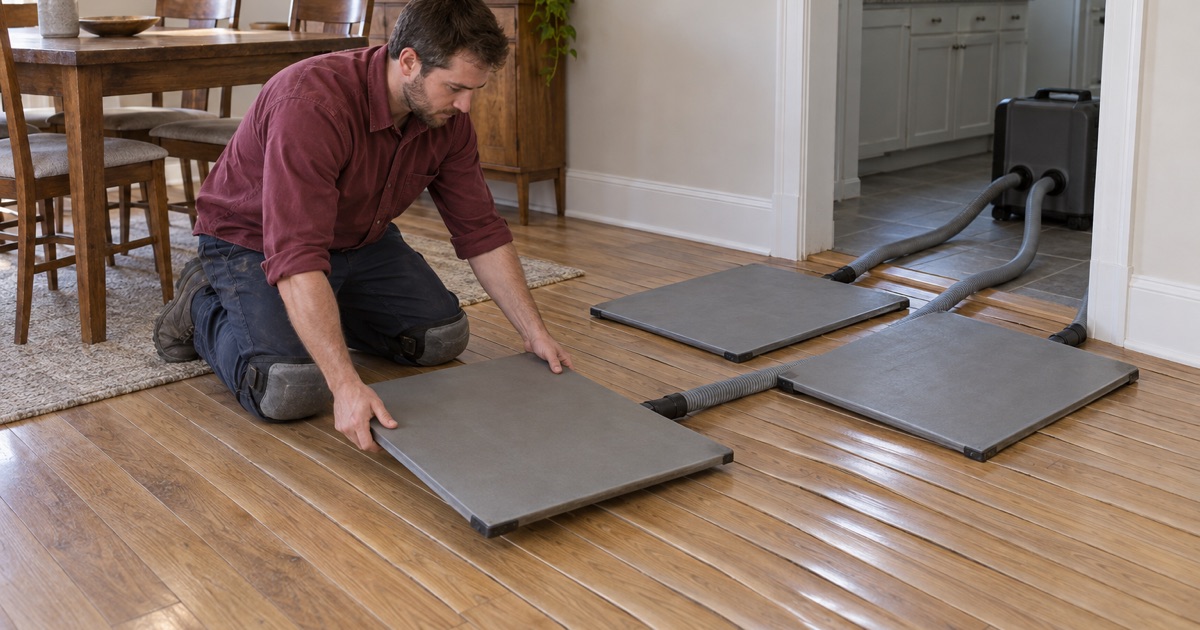 Worker lowering a floor drying panel onto cupped oak boards beside a kitchen doorway in a Monterey Park home, a hose running to a drying unit.