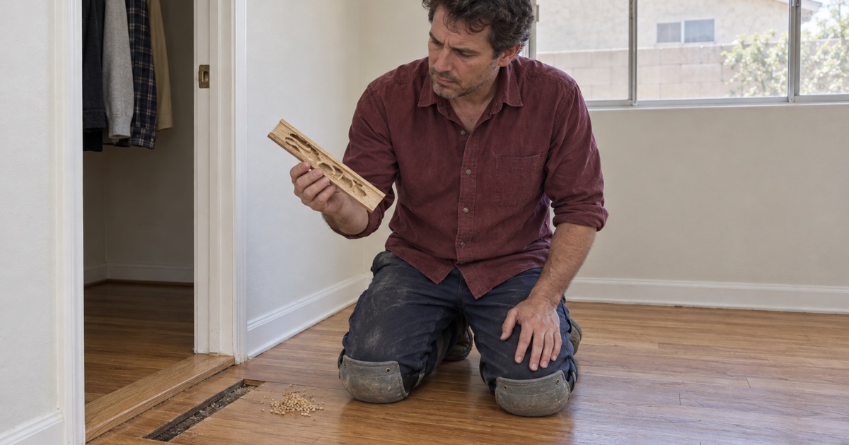 Worker holding up a short length of oak strip lifted from a Monterey Park floor, its underside hollowed by drywood termite galleries, a small pile of pellets on the boards beside it.