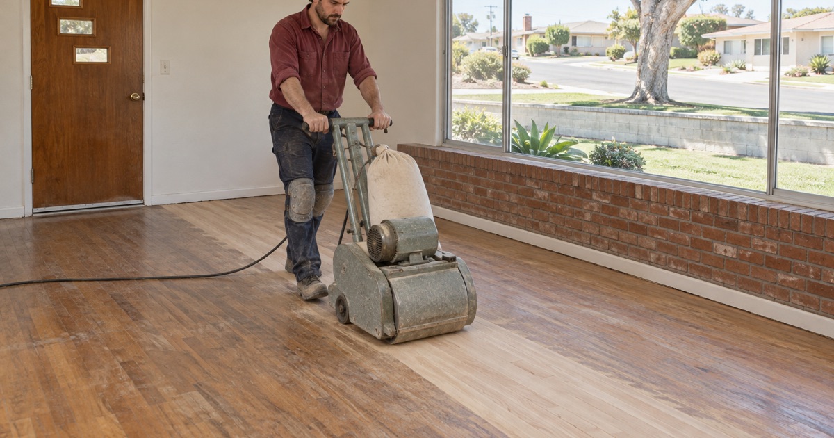Worker pushing a drum sander on an angled first pass across worn red oak in a Monterey Park ranch house living room, a pale diagonal band opening behind the drum.