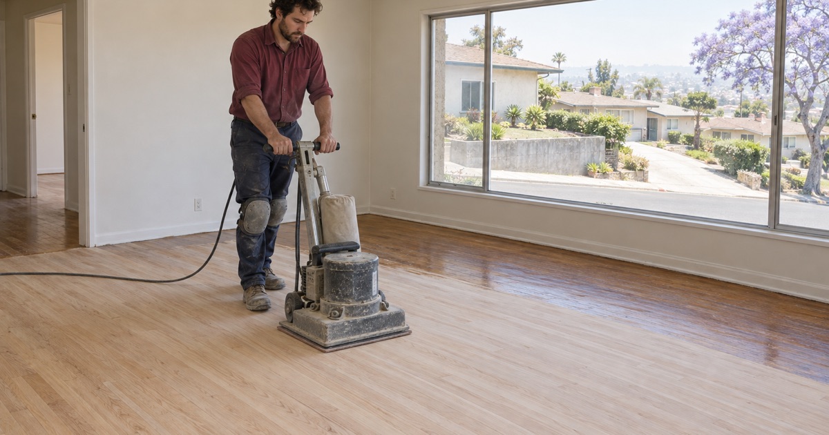 Worker guiding a square-pad orbital sander across red oak strip flooring in a 1950s hillside ranch house in Monterey Park, a picture window looking down the sloping street.